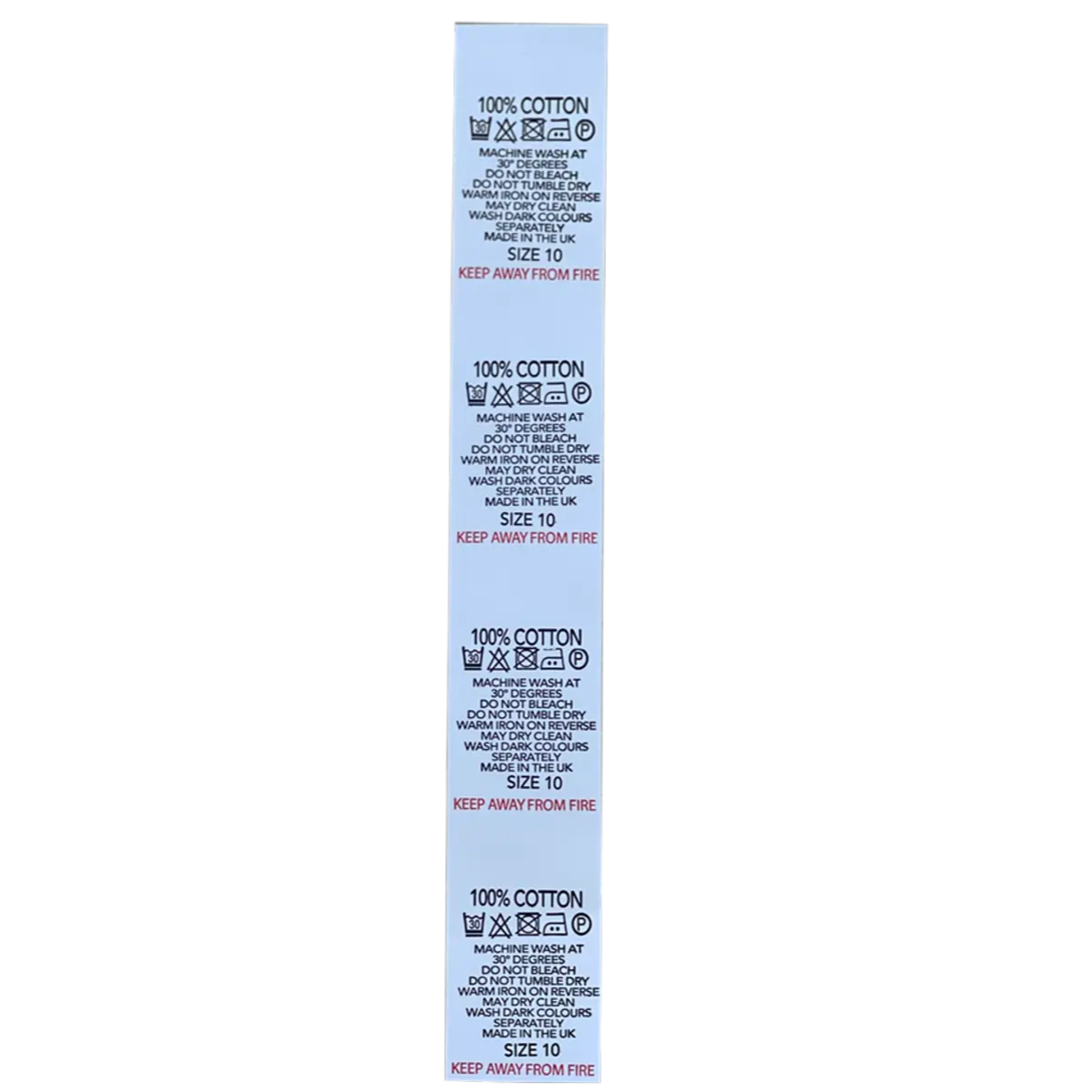 Printed Nylon Size Tabs & Content Labels On a Roll - "100% Cotton" Pins and Needles