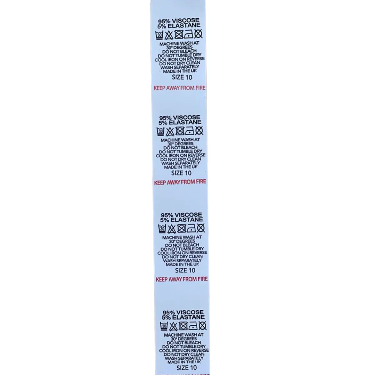 Printed Nylon Size Tabs & Content Labels On a Roll - "95% Viscose 5% Elastane" Pins and Needles