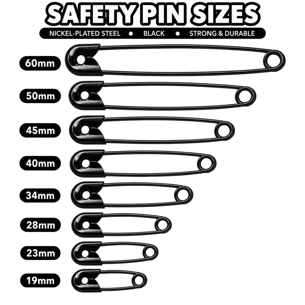 Black Safety Pins – Nickel Plated Steel 19mm to 60mm | Bulk Packs Pins & Needles