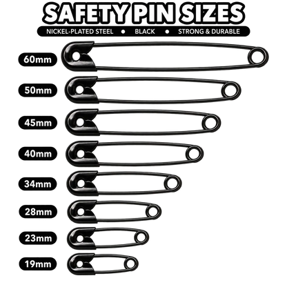 Black Safety Pins – Nickel Plated Steel 19mm to 60mm | Bulk Packs Pins & Needles