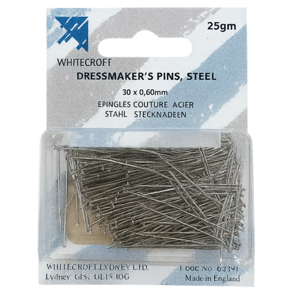 Extra Fine Dressmaking Pins – 30mm x 0.60mm | Whitecroft Essentials Nickel-Plated Steel (25g Pack) Pins & Needles