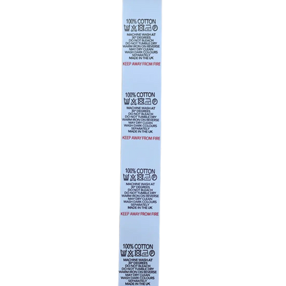 Printed Nylon Size Tabs & Content Labels On a Roll - "100% Cotton" Pins and Needles
