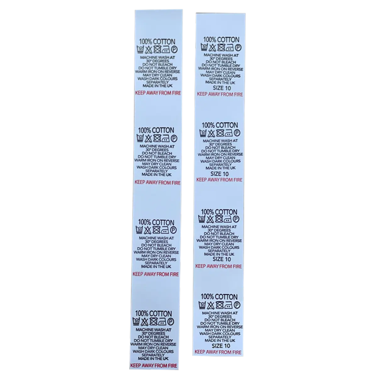 Printed Nylon Size Tabs & Content Labels On a Roll - "100% Cotton" Pins and Needles