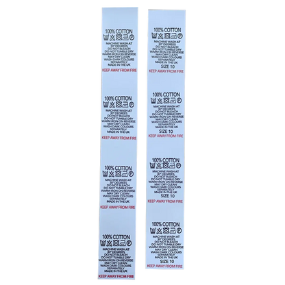 Printed Nylon Size Tabs & Content Labels On a Roll - "100% Cotton" Pins and Needles