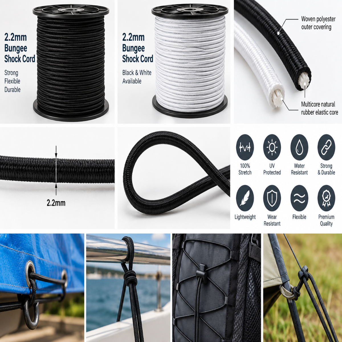 2.2mm Bungee Shock Cord – Round Elastic Cord, Black & White (Sold by the Metre)