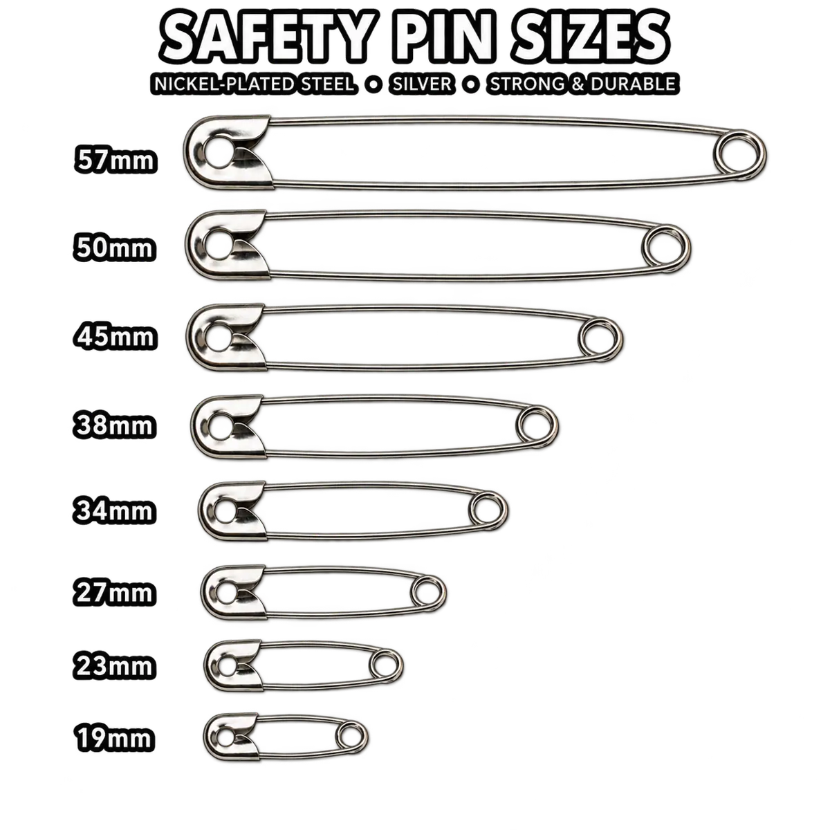 Silver Safety Pins Nickel Plated Steel – 19mm to 57mm | Bulk Packs Pins & Needles