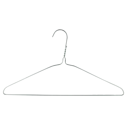 Silver metal wire coat hanger, measuring 390mm wide by 200mm high with a thickness of 2.2mm