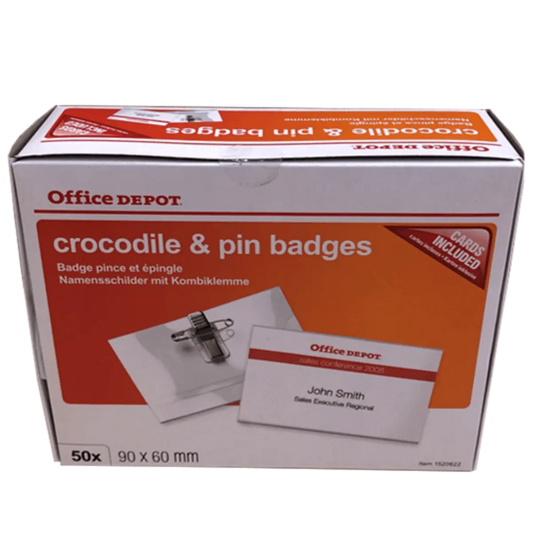 Office Depot Crocodile And Pin Name Badge (90 x 60mm) Box of 50 Includes Cards