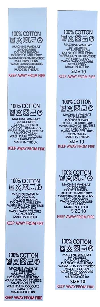 Printed Nylon Size & Content Labels On a Roll - "100% Cotton"