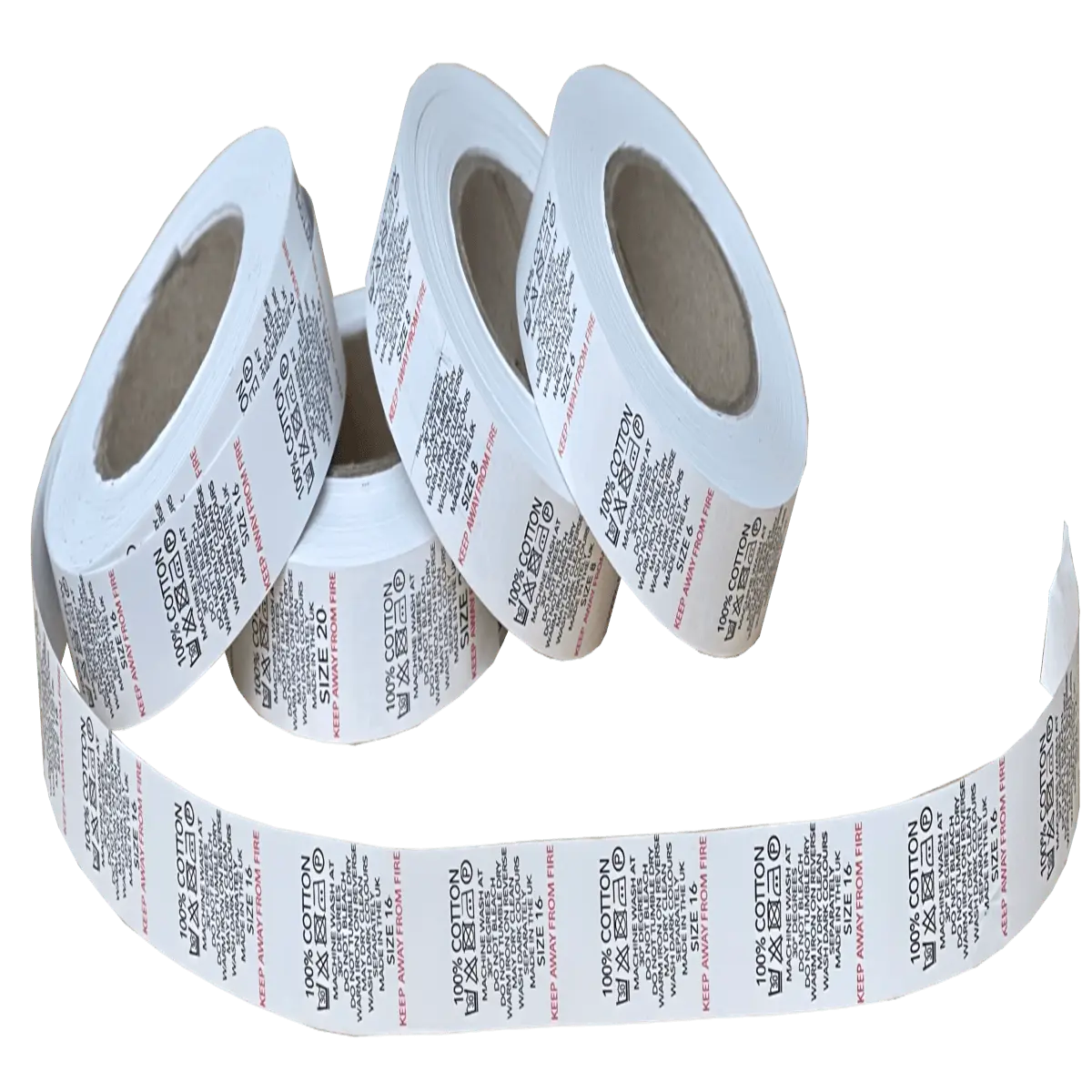 Printed Nylon Size & Content Labels On a Roll - "100% Cotton"