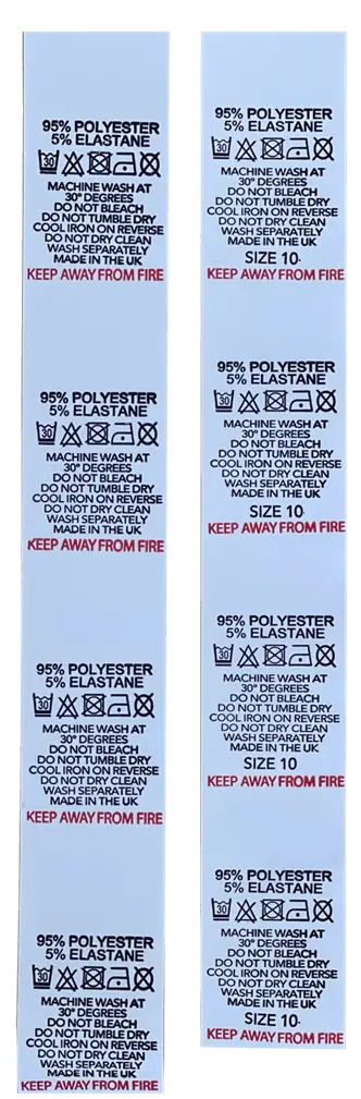 Printed Nylon Size & Content Labels On a Roll - "95% Polyester 5% Elastane"