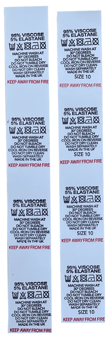 Printed Nylon Size & Content Labels On a Roll - "95% Viscose 5% Elastane"