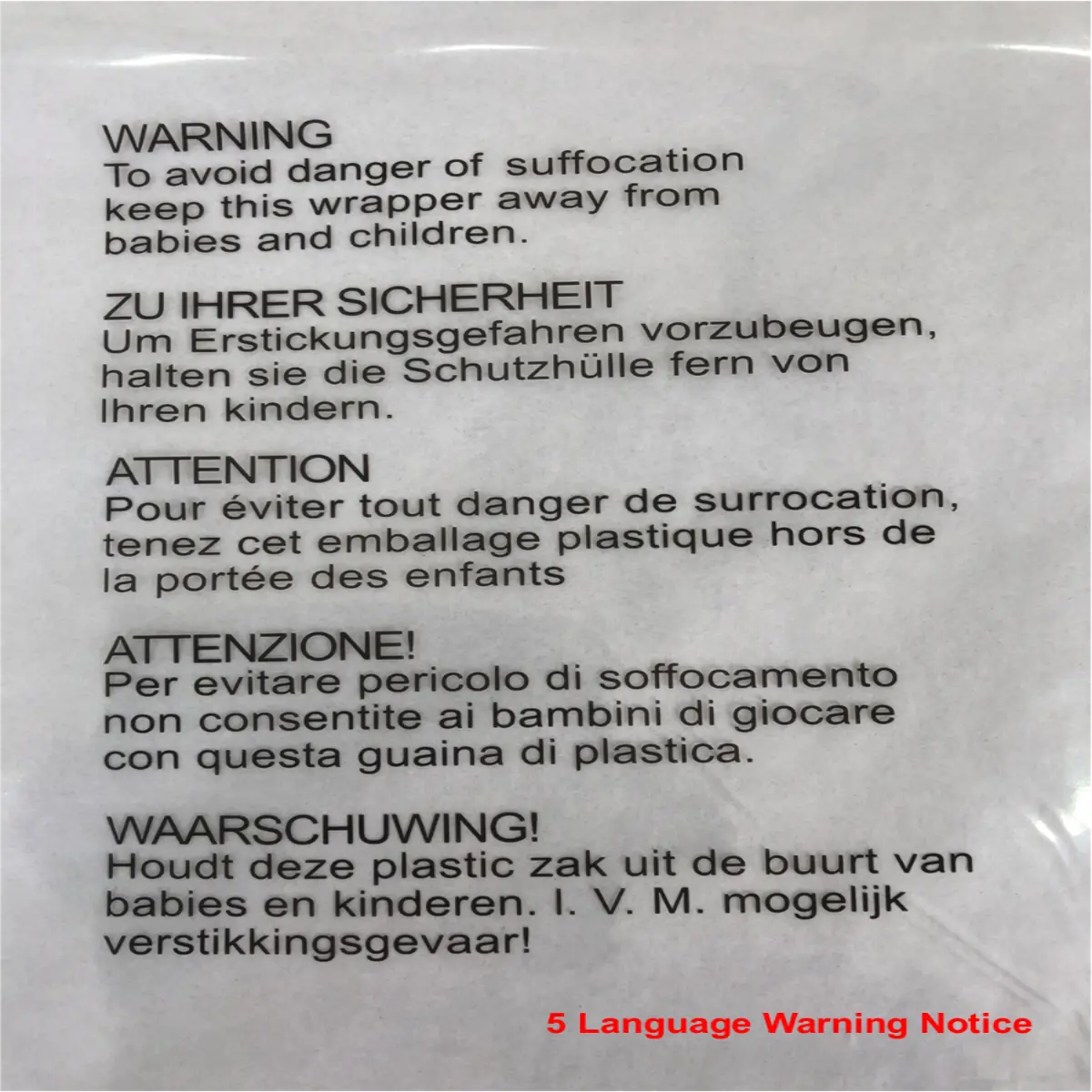 Polypropylene Self Seal Bag Retail Presentation, Clothing Packaging With Printed Warning Notice