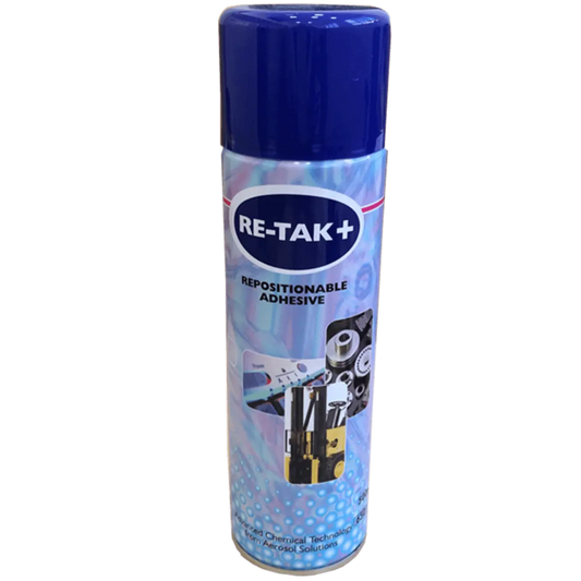 ReTak is a repositionable clear spray adhesive for use in textile, photographic and framing applications